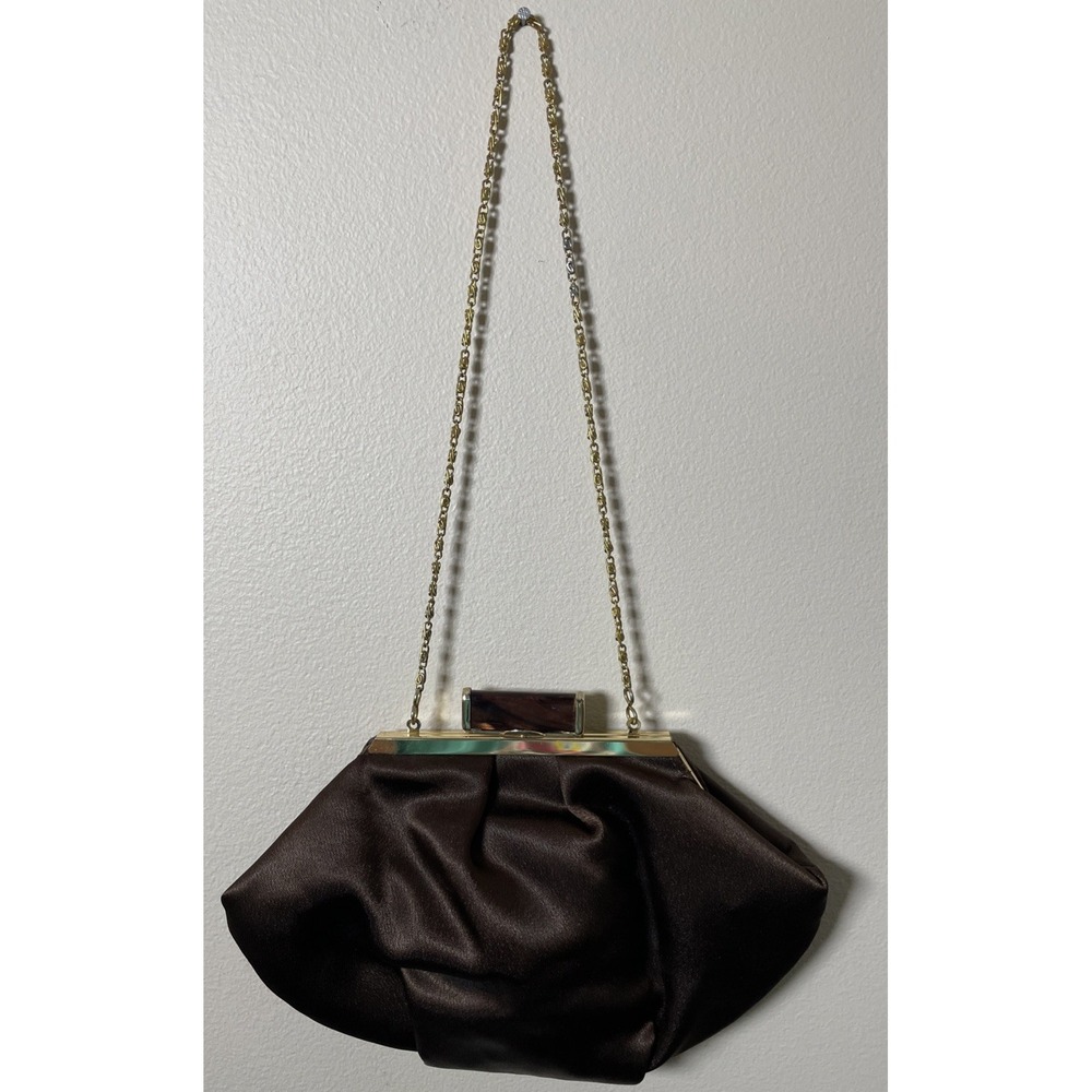 Jessica McClintock chocolate brown satin evening bag, gold chain strap